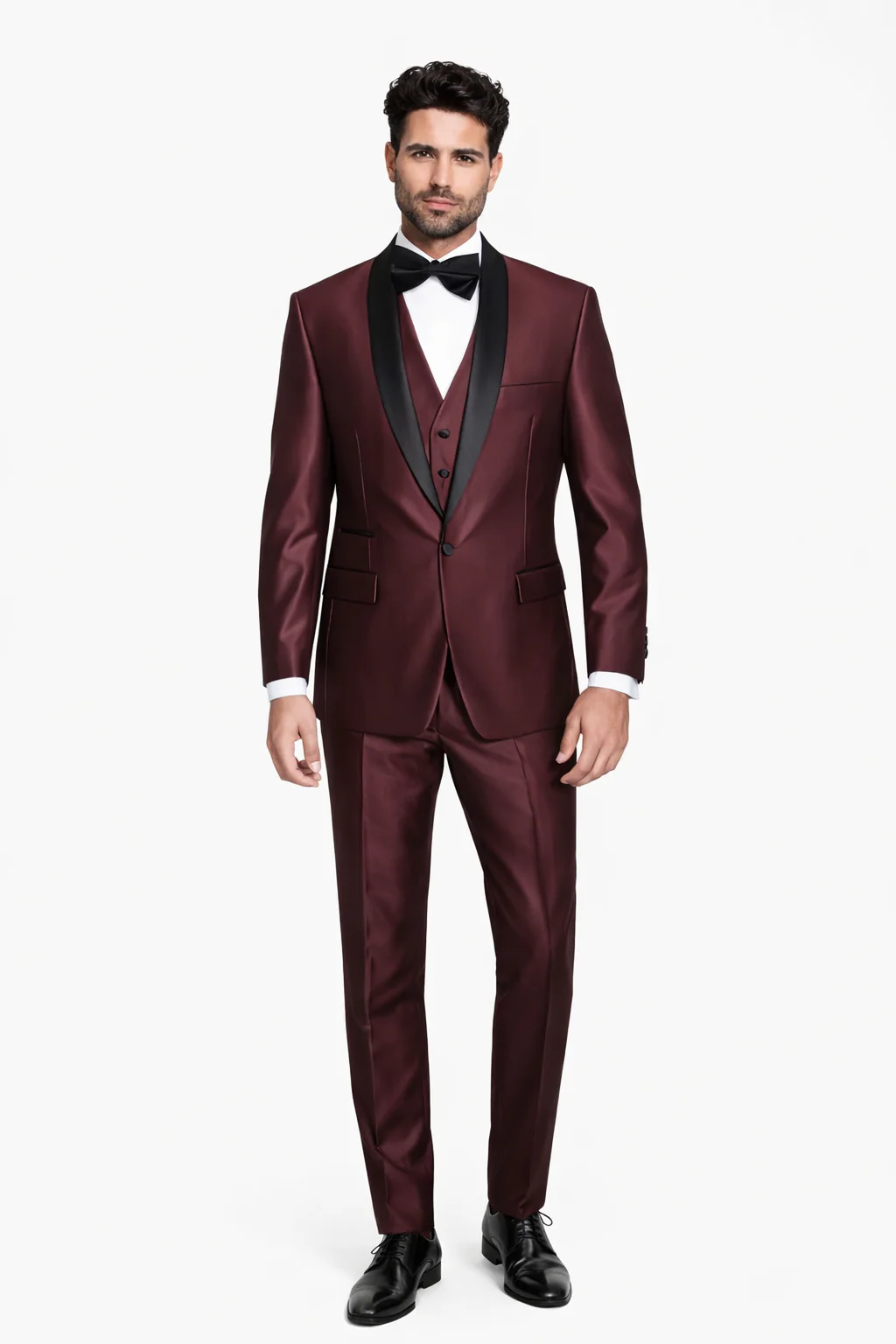 Burgundy Shiny Tuxedo Vested Suit - Sateen Sharkskin Fabric Groom Suit