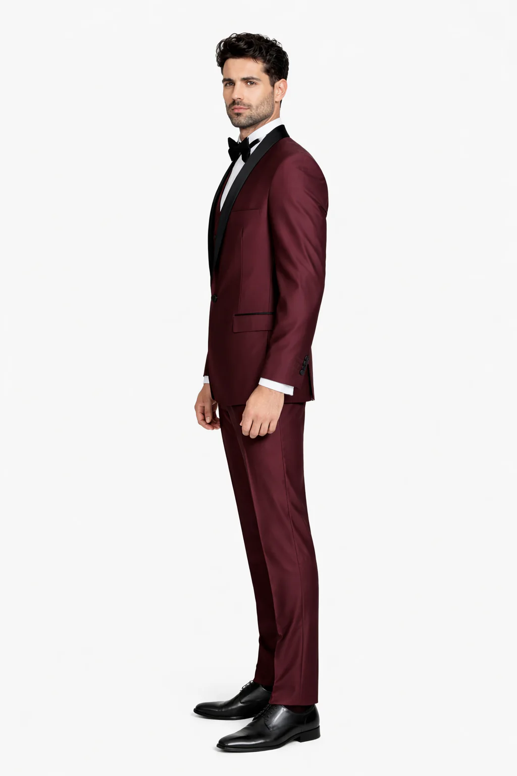 Burgundy Shiny Tuxedo Vested Suit - Sateen Sharkskin Fabric Groom Suit - Image 2