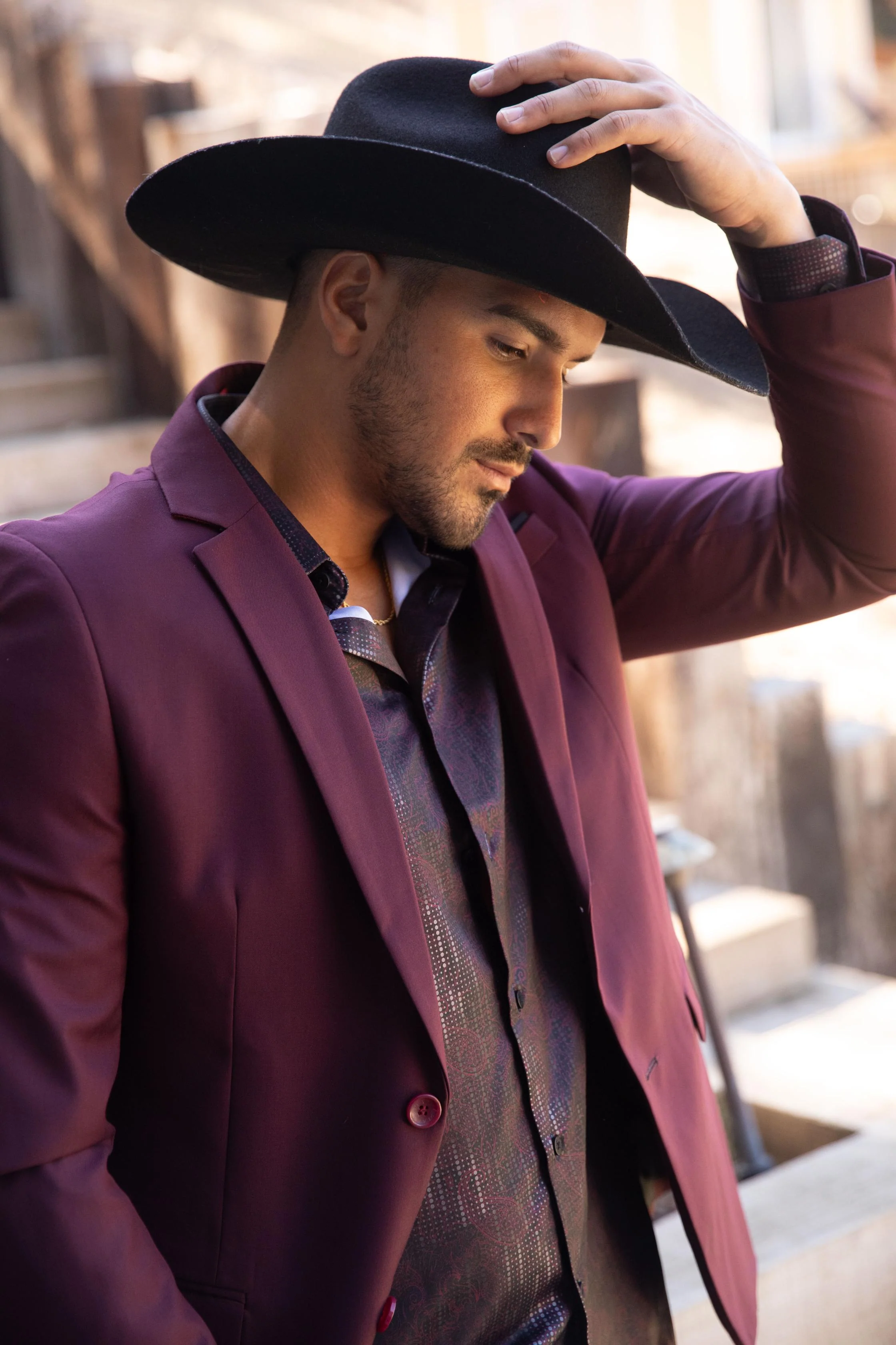 Burgundy Western Cowboy Blazer - Mens Modern Fit Stretch Date Night Burgundy Blazer - Image 3