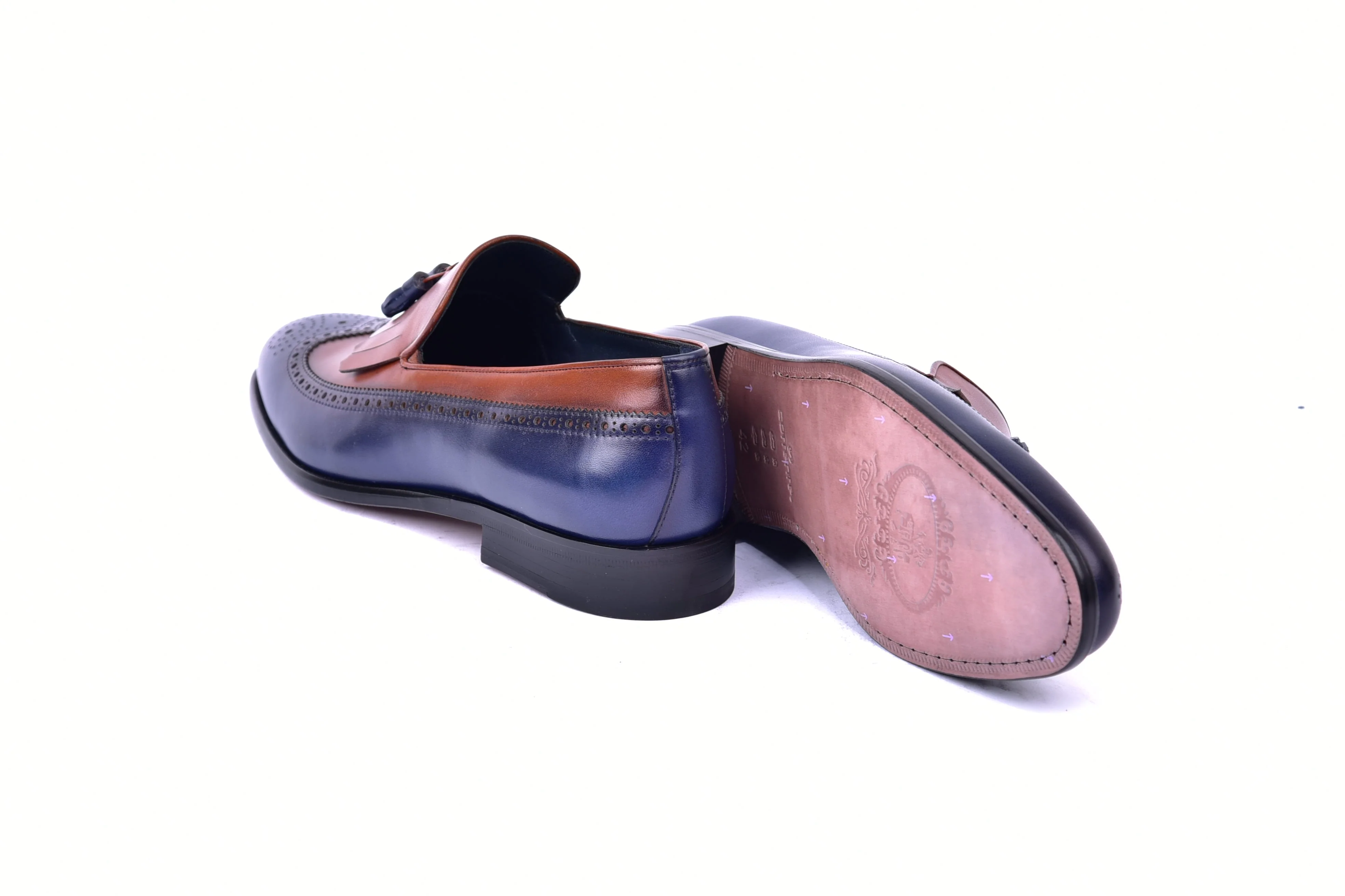 C00019-7397 Wing tip Kiltie Tassel Loafer-Navy/Tan - Image 3