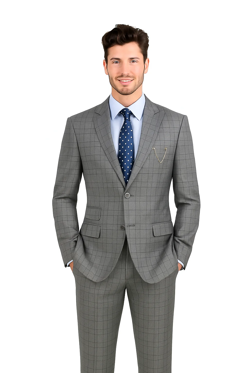 Catania Collection - Modern Fit Windowpane Suit 2 Piece in Medium Gray - Image 8