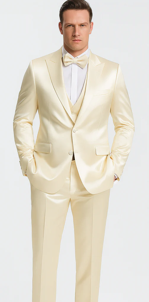 Champagne Satin Skinny Fit 3 Piece Tazzio Men's Suit with Double Breasted Vest and Peak Lapel Jacket
