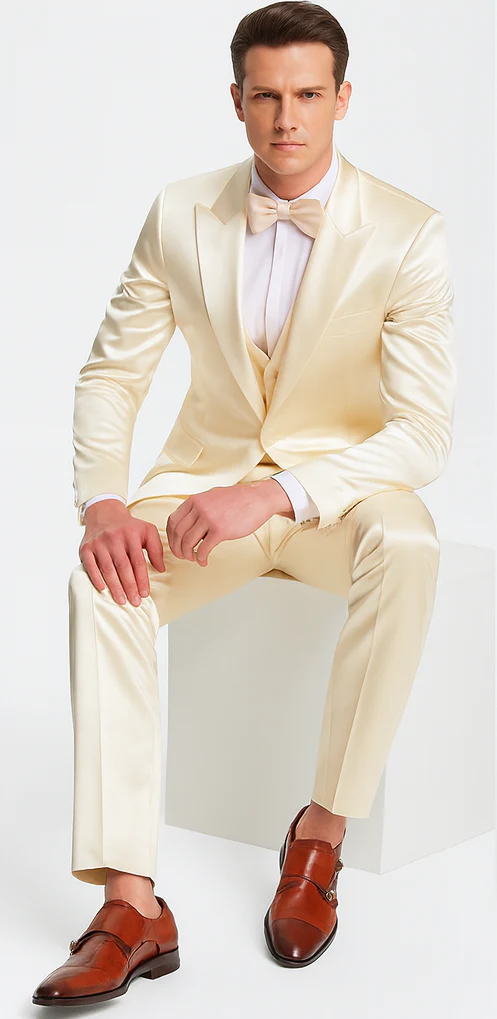Champagne Satin Skinny Fit 3 Piece Tazzio Men's Suit with Double Breasted Vest and Peak Lapel Jacket - Image 4