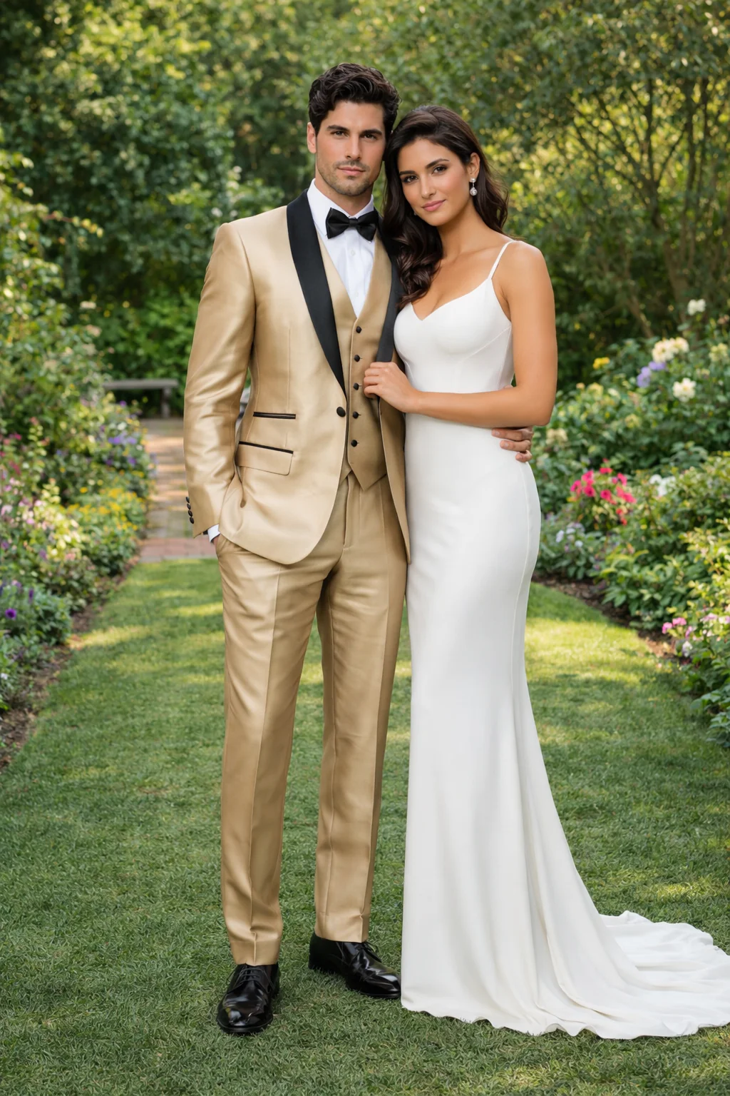 Champagne Shiny Tuxedo Vested Suit - Sateen Sharkskin Fabric Groom Suit - Image 5