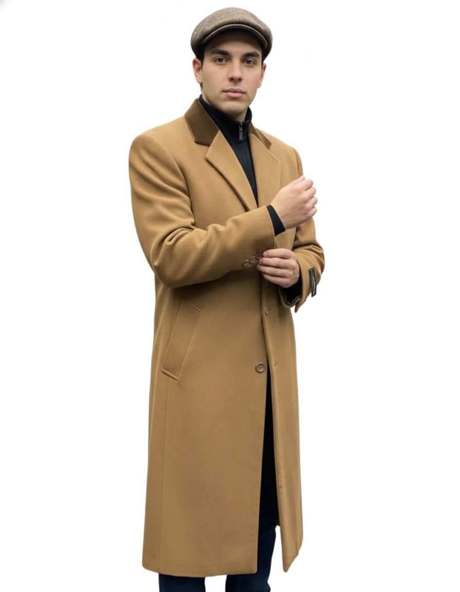 Chesterfield Camel Overcoat With Brown Velvet Collar - Cashmere Blend Topcoat - Full Length Overcoat - Image 3