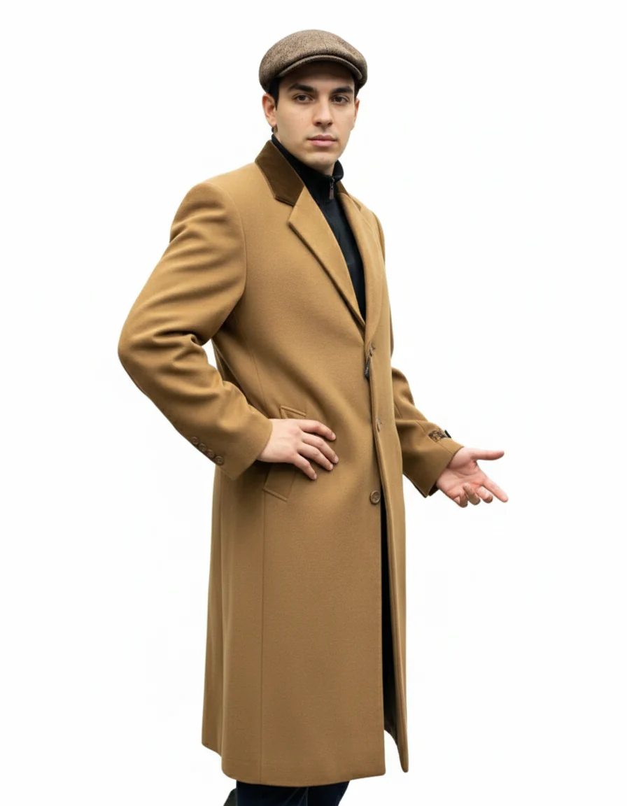 Chesterfield Camel Overcoat With Brown Velvet Collar - Cashmere Blend Topcoat - Full Length Overcoat - Image 4