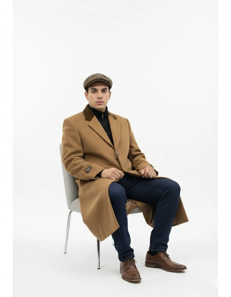 Chesterfield Camel Overcoat With Brown Velvet Collar - Cashmere Blend Topcoat - Full Length Overcoat - Image 9