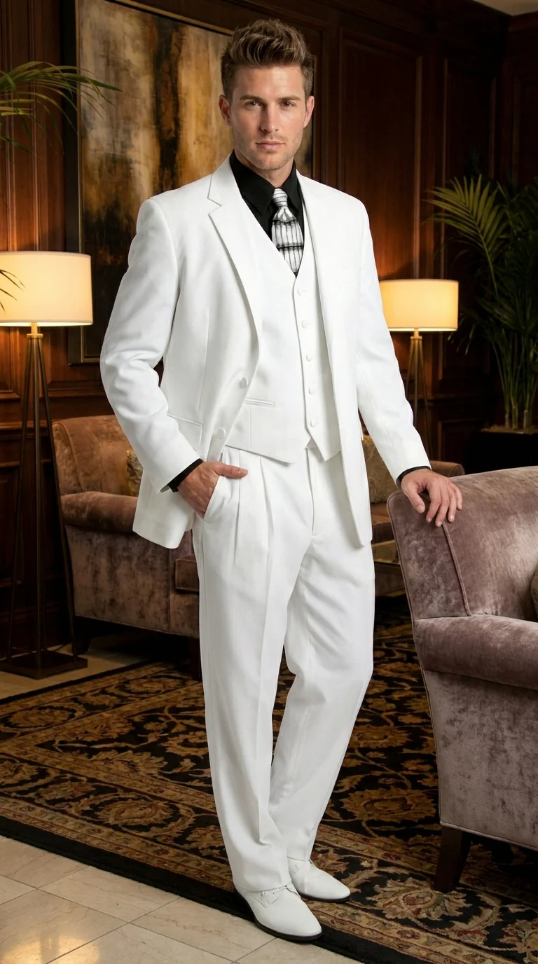 Men’s All White Classic 3 Piece Suit with High Vest, 3 Button Jacket and Pleated Pants - Image 10