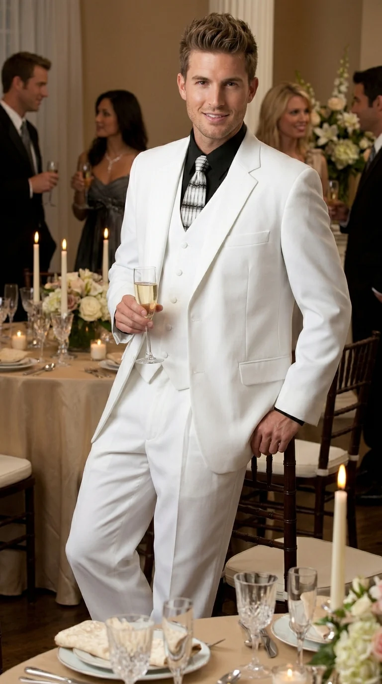 Men’s All White Classic 3 Piece Suit with High Vest, 3 Button Jacket and Pleated Pants - Image 9