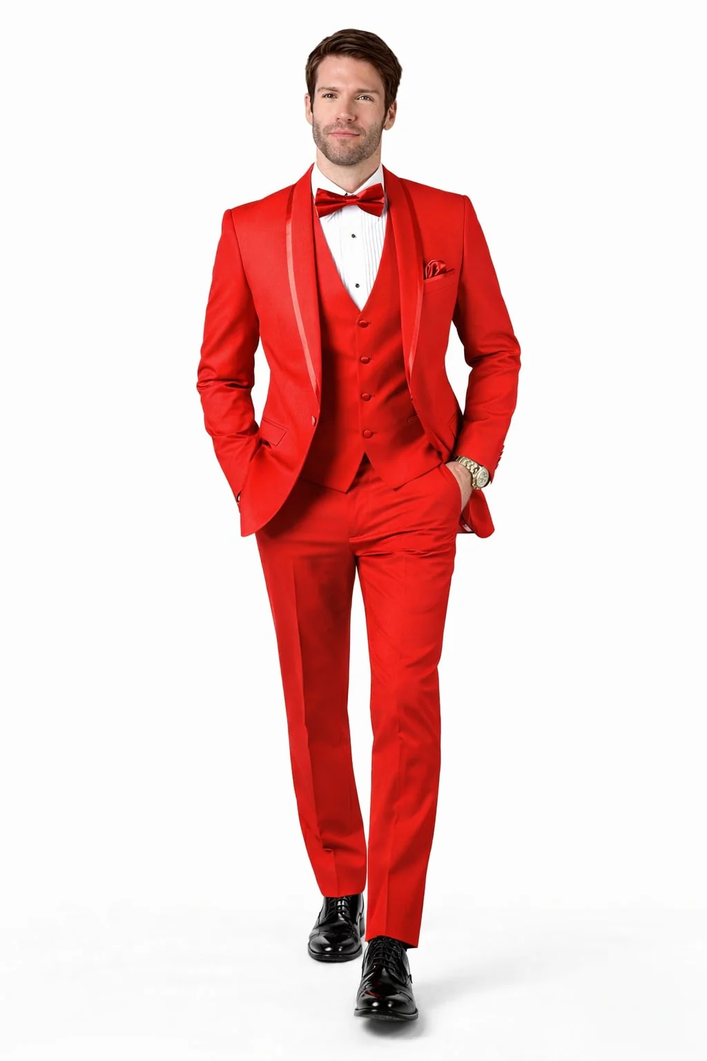 Classic Red Shawl Lapel Tuxedo for Men | 1-Button 4-Piece Suit - Image 3