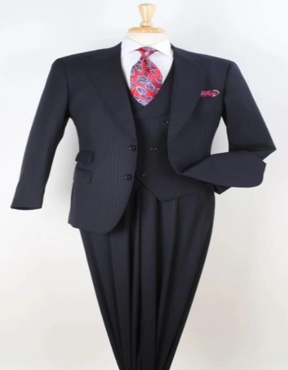 Classic Wool Fabric Fit - Pleated Pant - Peak Lapel With Double Breasted Vest - Athletic Fit Dark Navy with Blue Stripe Mens Suit - Image 10