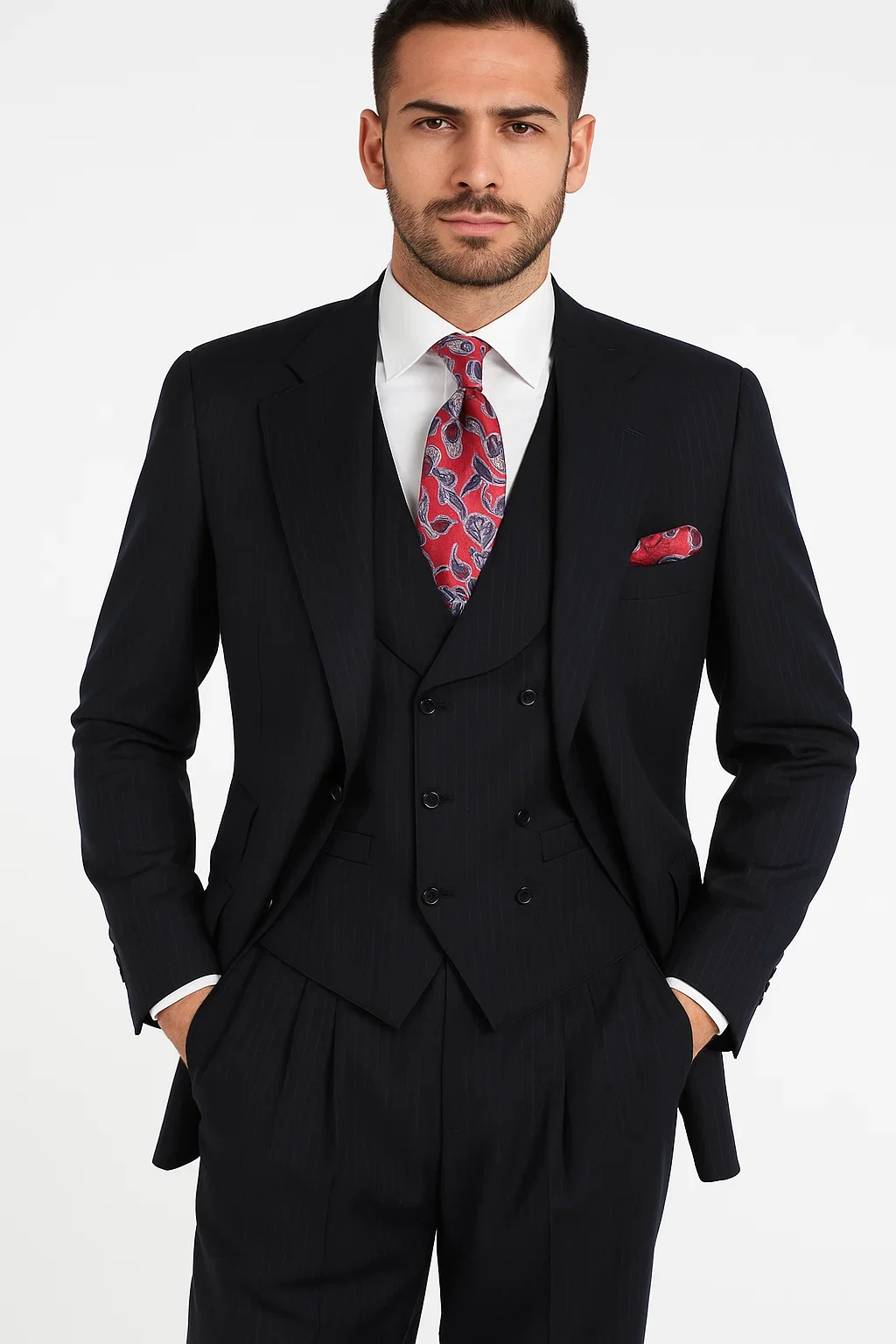Classic Wool Fabric Fit - Pleated Pant - Peak Lapel With Double Breasted Vest - Athletic Fit Dark Navy with Blue Stripe Mens Suit - Image 3