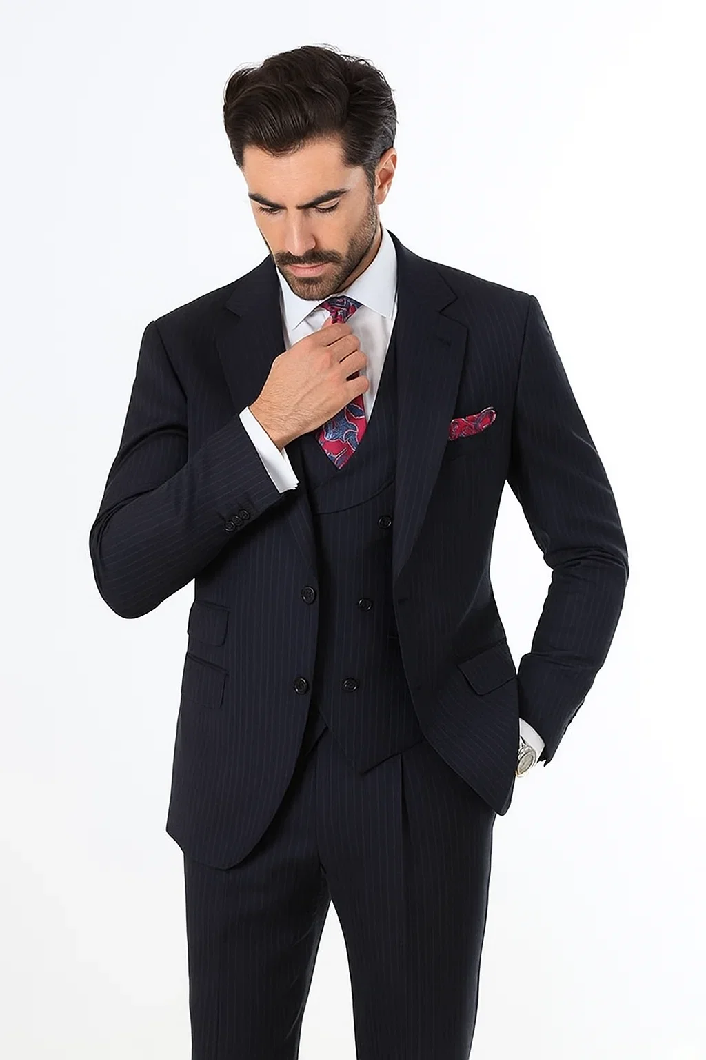 Classic Wool Fabric Fit - Pleated Pant - Peak Lapel With Double Breasted Vest - Athletic Fit Dark Navy with Blue Stripe Mens Suit - Image 4
