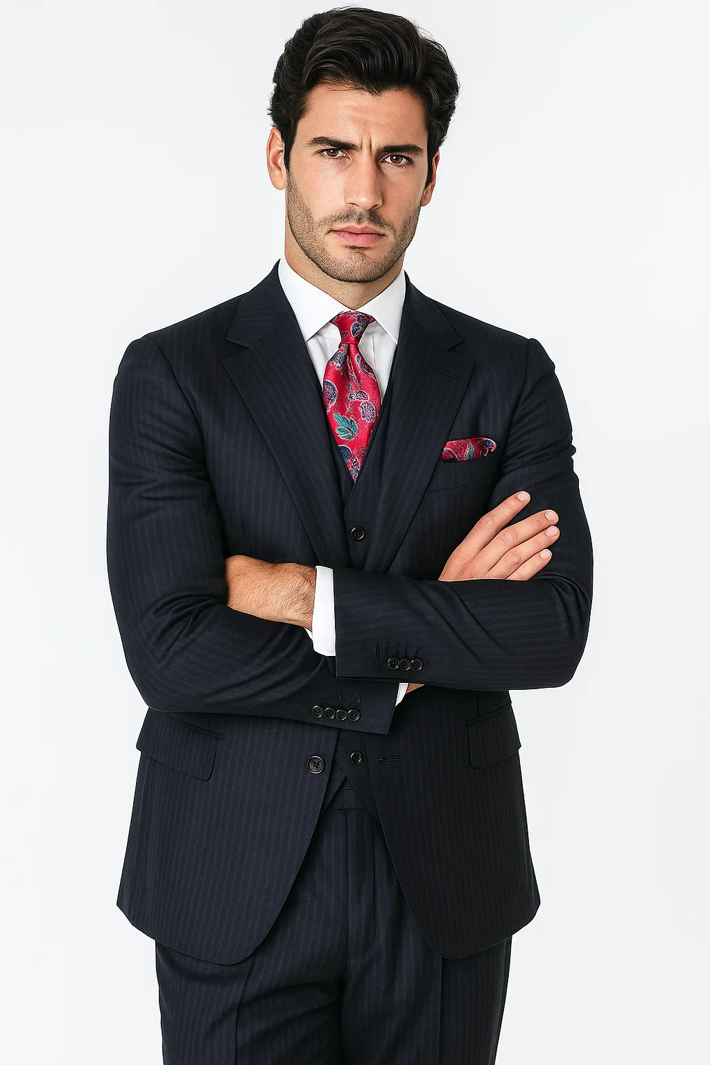 Classic Wool Fabric Fit - Pleated Pant - Peak Lapel With Double Breasted Vest - Athletic Fit Dark Navy with Blue Stripe Mens Suit - Image 5