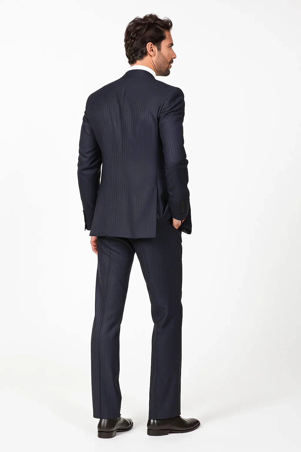 Classic Wool Fabric Fit - Pleated Pant - Peak Lapel With Double Breasted Vest - Athletic Fit Dark Navy with Blue Stripe Mens Suit - Image 6