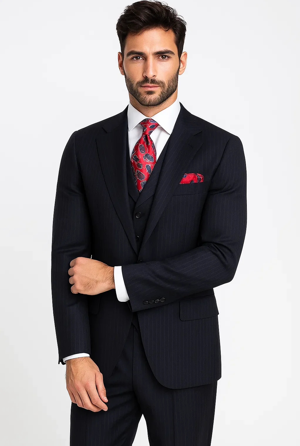 Classic Wool Fabric Fit - Pleated Pant - Peak Lapel With Double Breasted Vest - Athletic Fit Dark Navy with Blue Stripe Mens Suit - Image 7