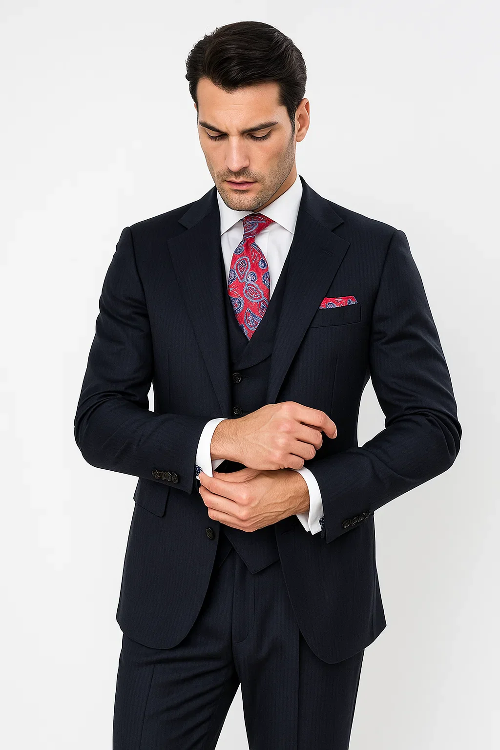 Classic Wool Fabric Fit - Pleated Pant - Peak Lapel With Double Breasted Vest - Athletic Fit Dark Navy with Blue Stripe Mens Suit - Image 8