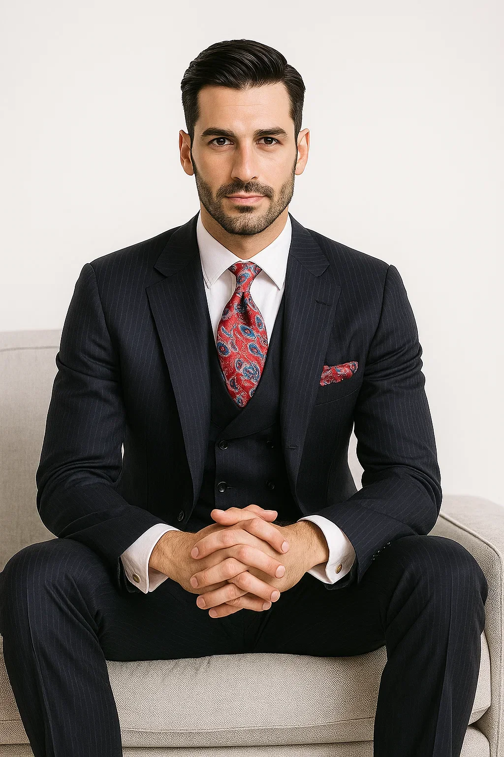 Classic Wool Fabric Fit - Pleated Pant - Peak Lapel With Double Breasted Vest - Athletic Fit Dark Navy with Blue Stripe Mens Suit - Image 9