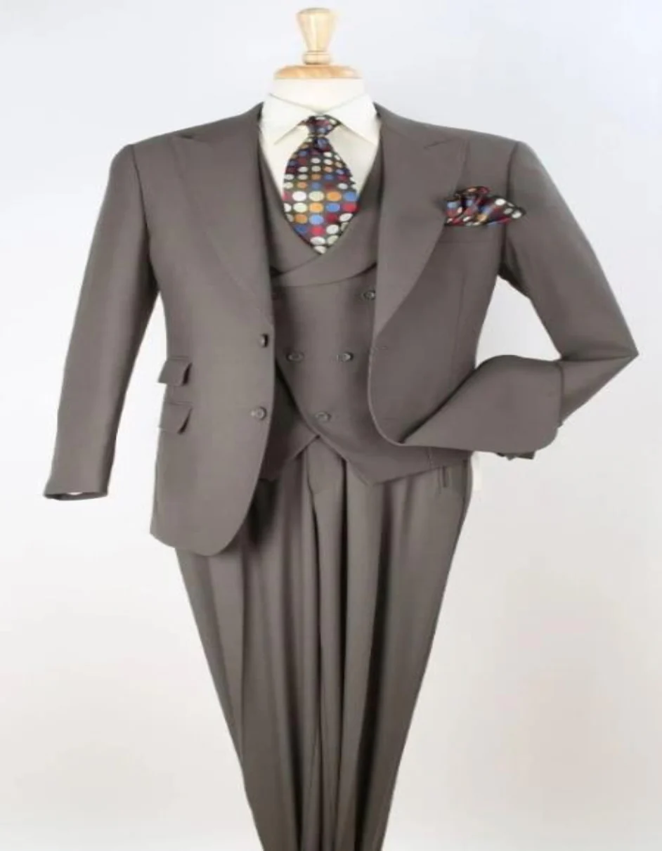 Classic Wool Fabric Fit - Pleated Pants - Peak Lapel With Double Breasted Vest - Athletic Fit Camel Men Suit