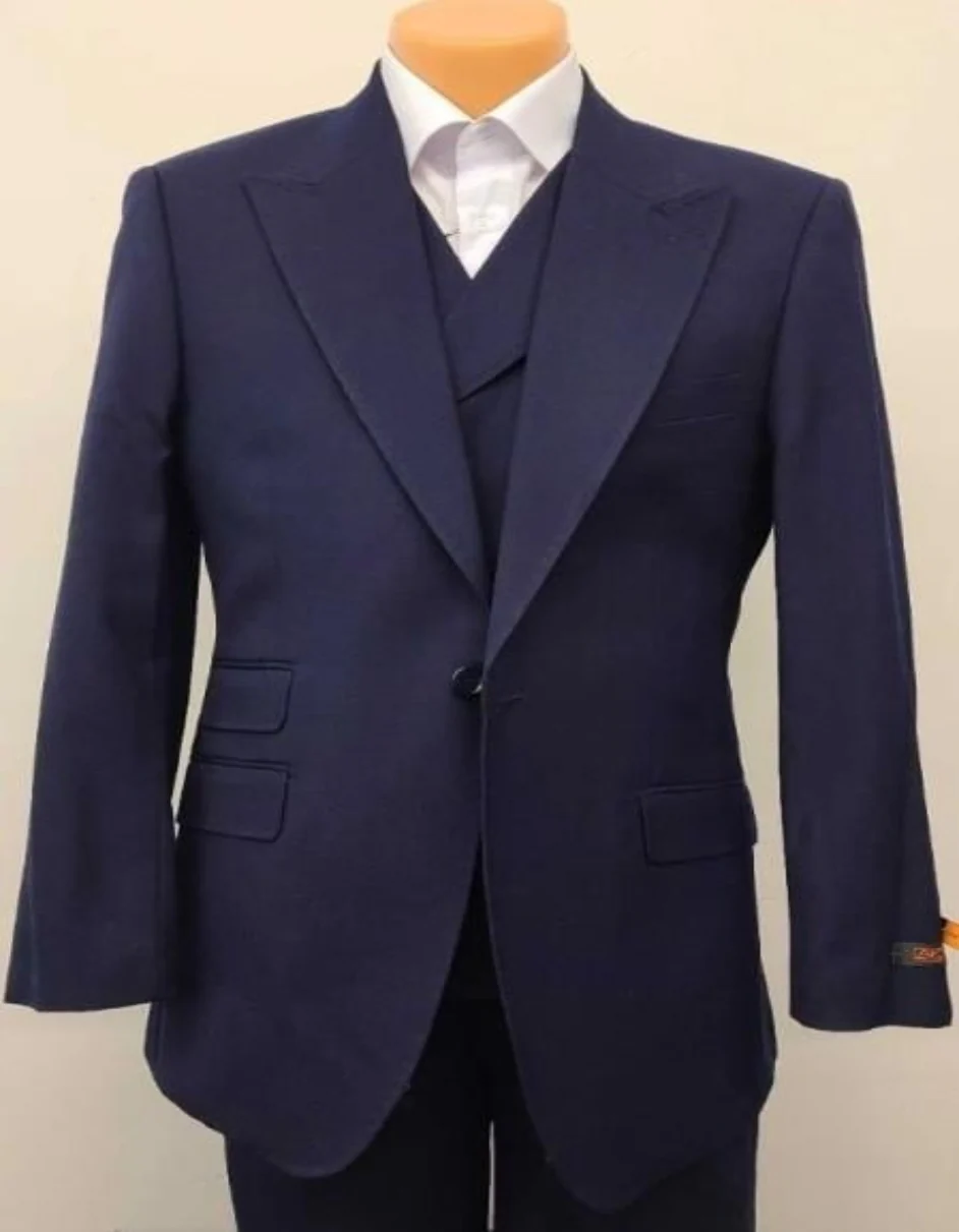 Classic Wool Fabric Fit - Pleated Pants - Peak Lapel With Double Breasted Vests - Athletic Fit Solid Mens Suit