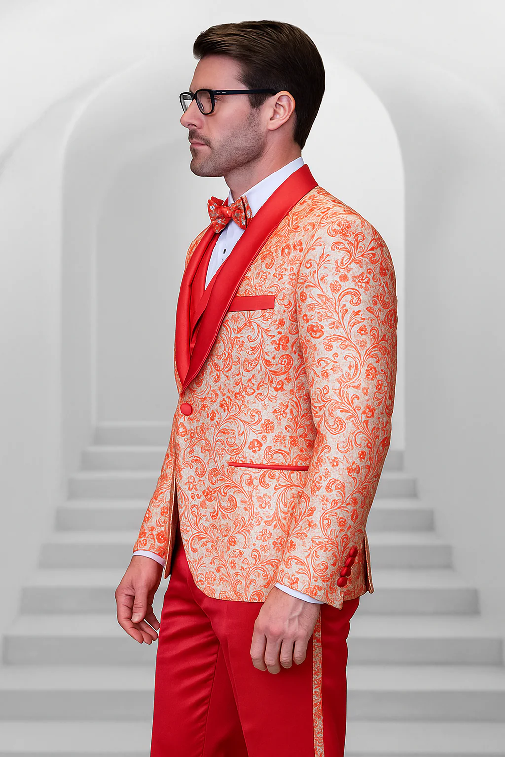 Coral Orange Men's Shiny Paisley Wedding Tuxedo with Double Breasted Vest & Satin Pants - Image 3