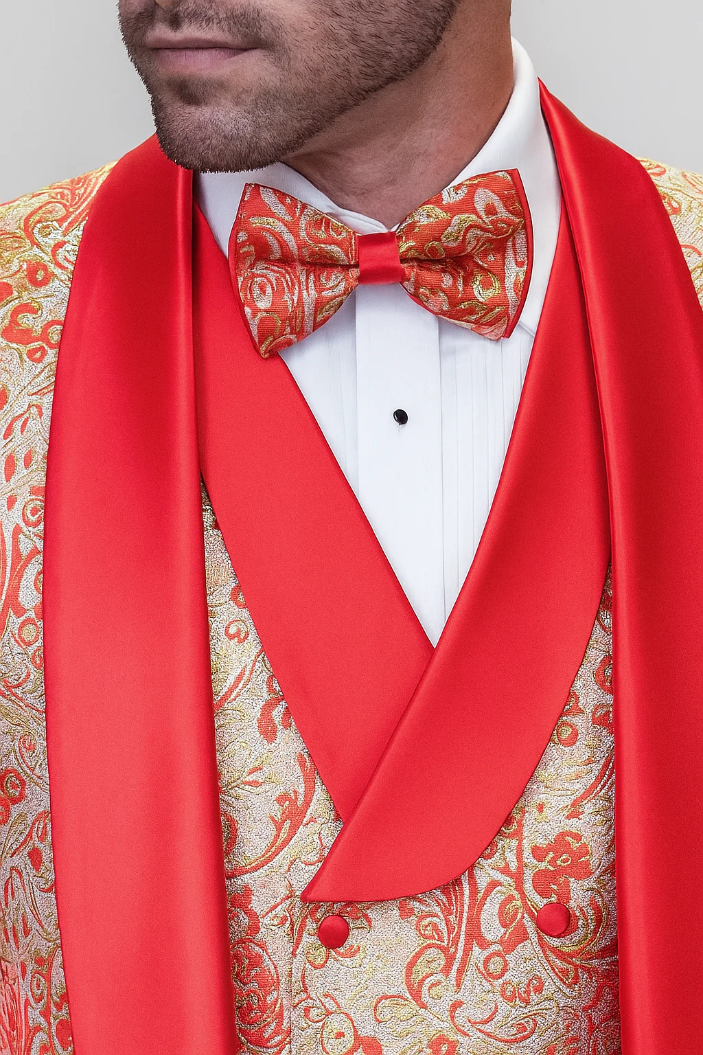 Coral Orange Men's Shiny Paisley Wedding Tuxedo with Double Breasted Vest & Satin Pants - Image 4