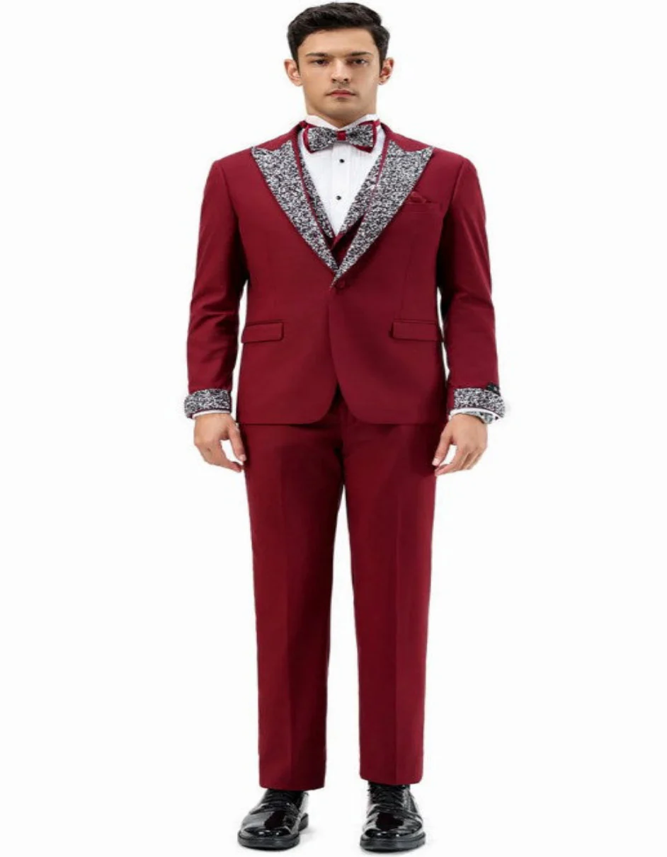 Dark Red - Maroon Wine Prom Tuxedo - Perfect Wedding Suit Vested rhinestone sequin Lapelled - Image 3