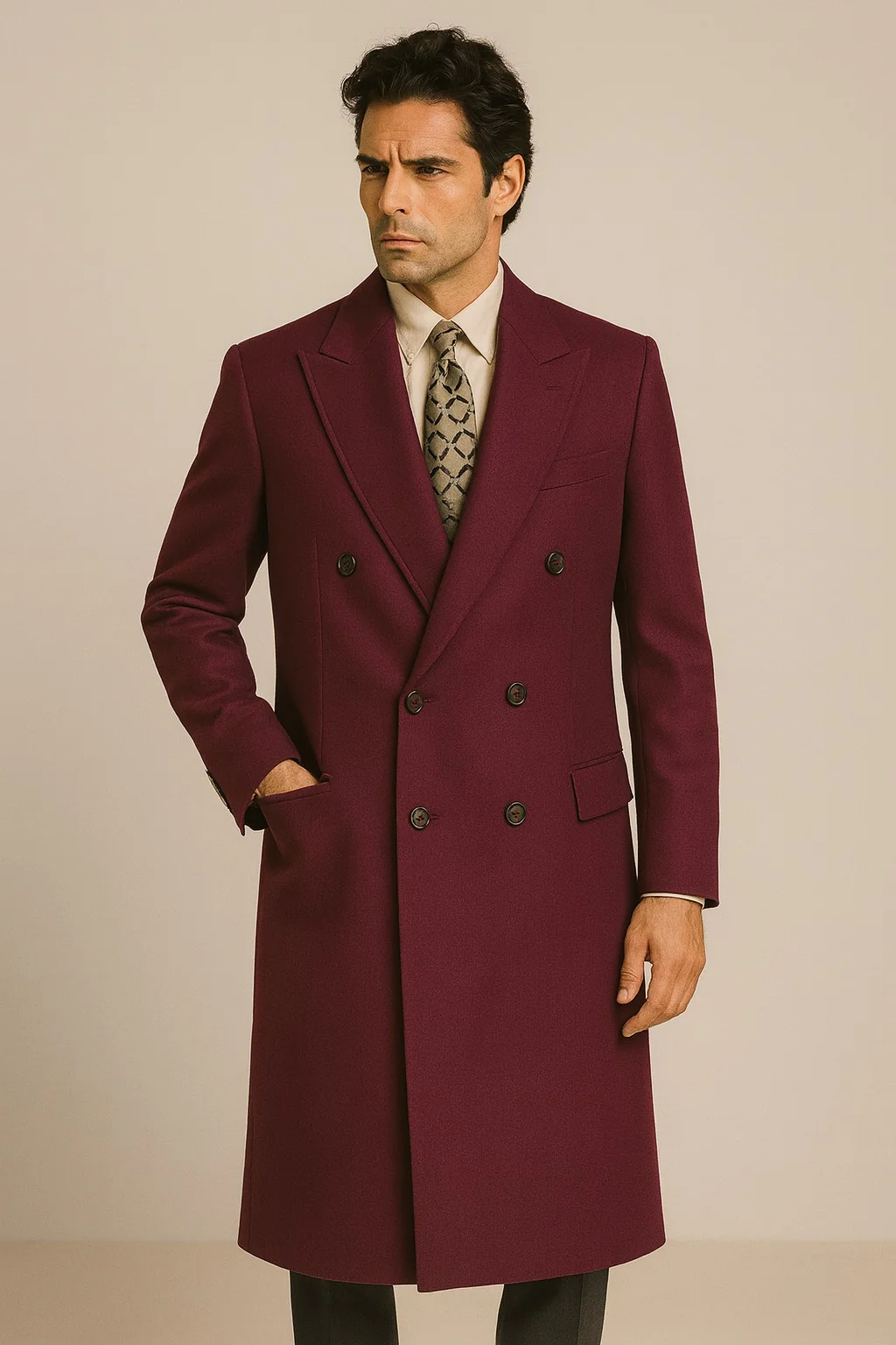 DBCoat Men's Wool Long Designer Men's Wool Men's Peacoat Sale Double Breasted Overcoat Style Full Length Burgundy