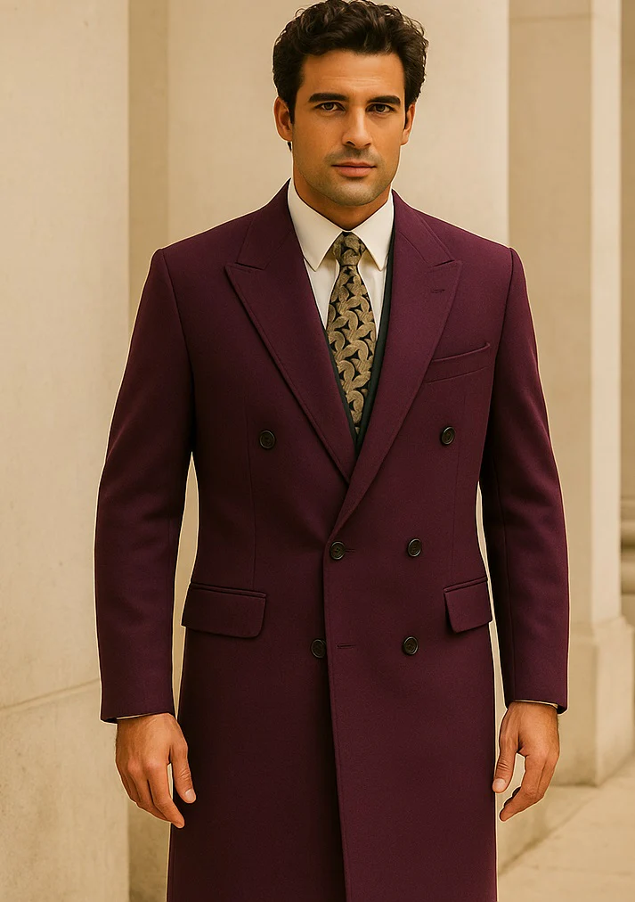 DBCoat Men's Wool Long Designer Men's Wool Men's Peacoat Sale Double Breasted Overcoat Style Full Length Burgundy - Image 6