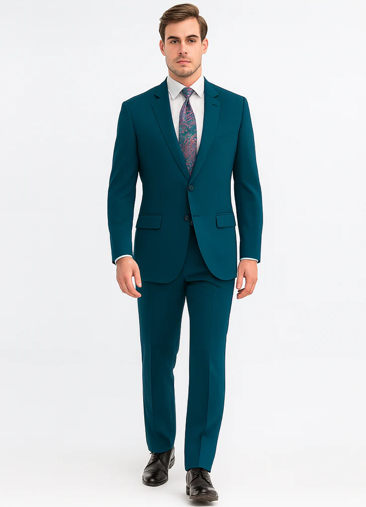 Discounted Sale Clearance Men's Two Buttons Dark Teal 2-piece suits Flat Front Pants - Image 6