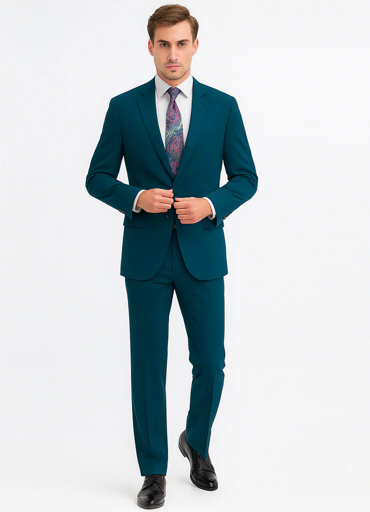 Discounted Sale Clearance Men's Two Buttons Dark Teal 2-piece suits Flat Front Pants - Image 8