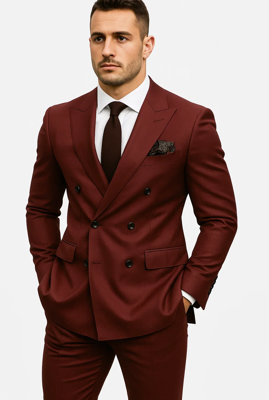 Double Breasted Slim Fit Suit - Burgundy Suit - Tapred Fit Pants - Image 3