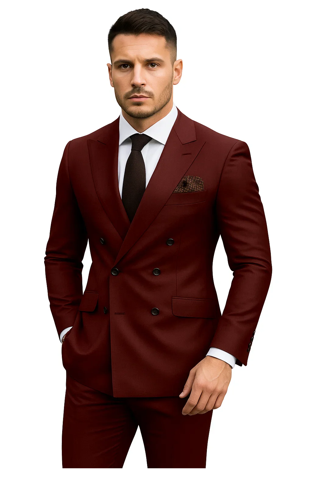 Double Breasted Slim Fit Suit - Burgundy Suit - Tapred Fit Pants - Image 4