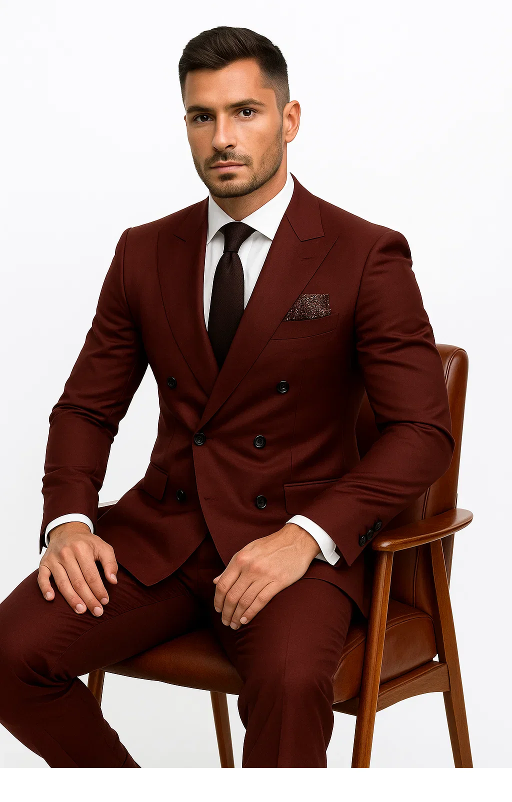Double Breasted Slim Fit Suit - Burgundy Suit - Tapred Fit Pants - Image 5