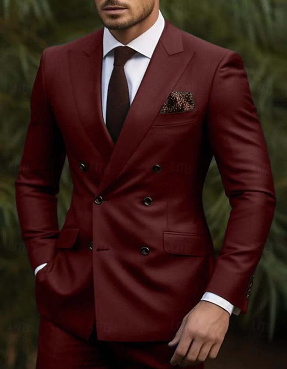 Double Breasted Slim Fit Suit - Burgundy Suit - Tapred Fit Pants - Image 9