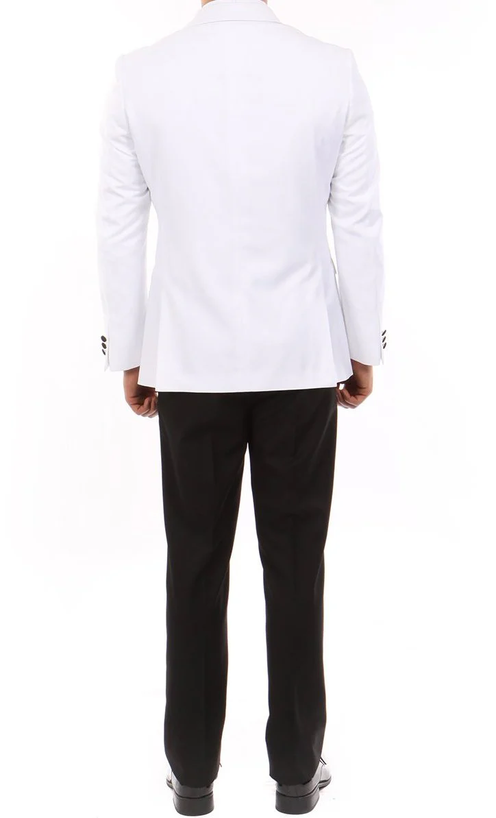 Double Breasted Slim Fit Tuxedo White with Black Satin Peak Lapel - Image 2