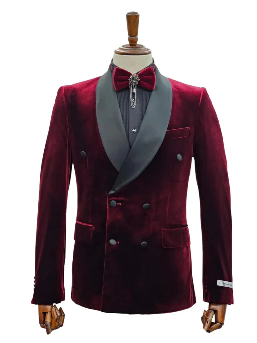 Double Breasted Tuxedo Suit - Slim fitted - Burgundy Suit - Shawl Collar - Image 2