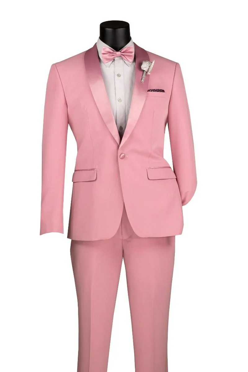 Dusty Rose Pink Tuxedo for Men – One Button Satin Lapel Wedding Prom Suit with Bow Tie - Image 2