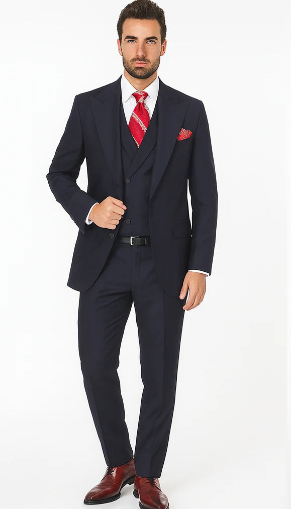 Navy Full Cut / Wide Leg Double Breasted 100% Percent Fabric Slanted Vest - 100% Percent Wool Fabric Suit - Worsted Wool Business Suit - Image 2