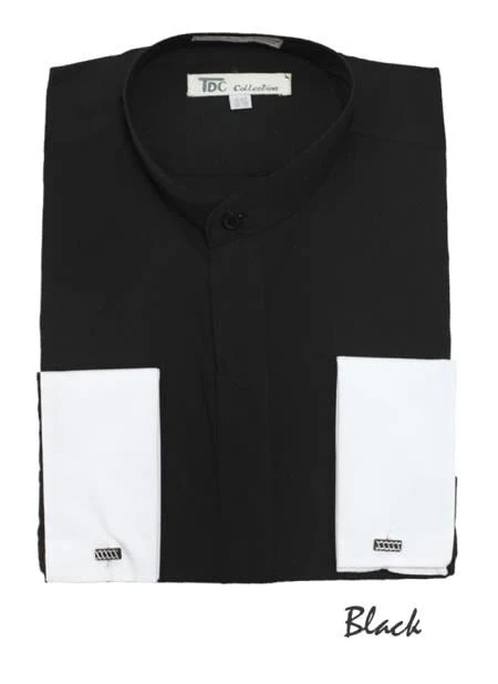 Fashion Hidden Buttons French Cuff Mandarin Collarless Dress Shirts Preacher Round Style Black Men's Dress Shirt