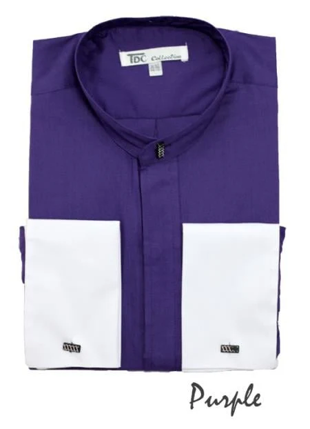 Fashion Hidden Buttons French Cuff Mandarin Collarless Preacher Round Style Purple Men's Dress Shirt