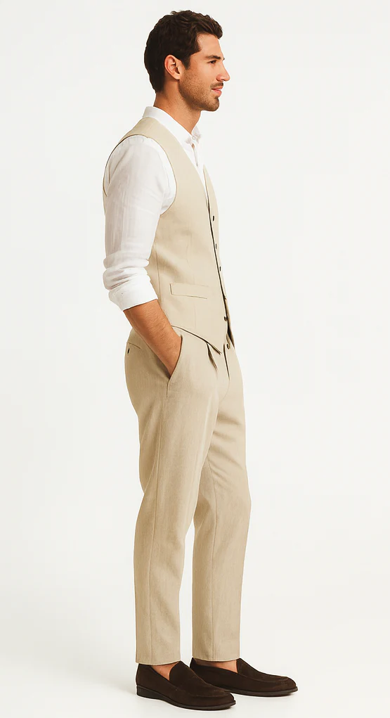 Five Button Besom pocket Men's Tan Chambray Slim Fit Suit Separates Vest - Image 3