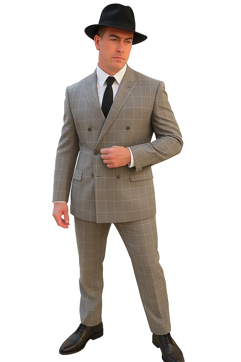 Gangster Suit - 1920 Mens Grey Pattern Suit With Grey Untochable Hat Shirt and Tie Combo - Image 4