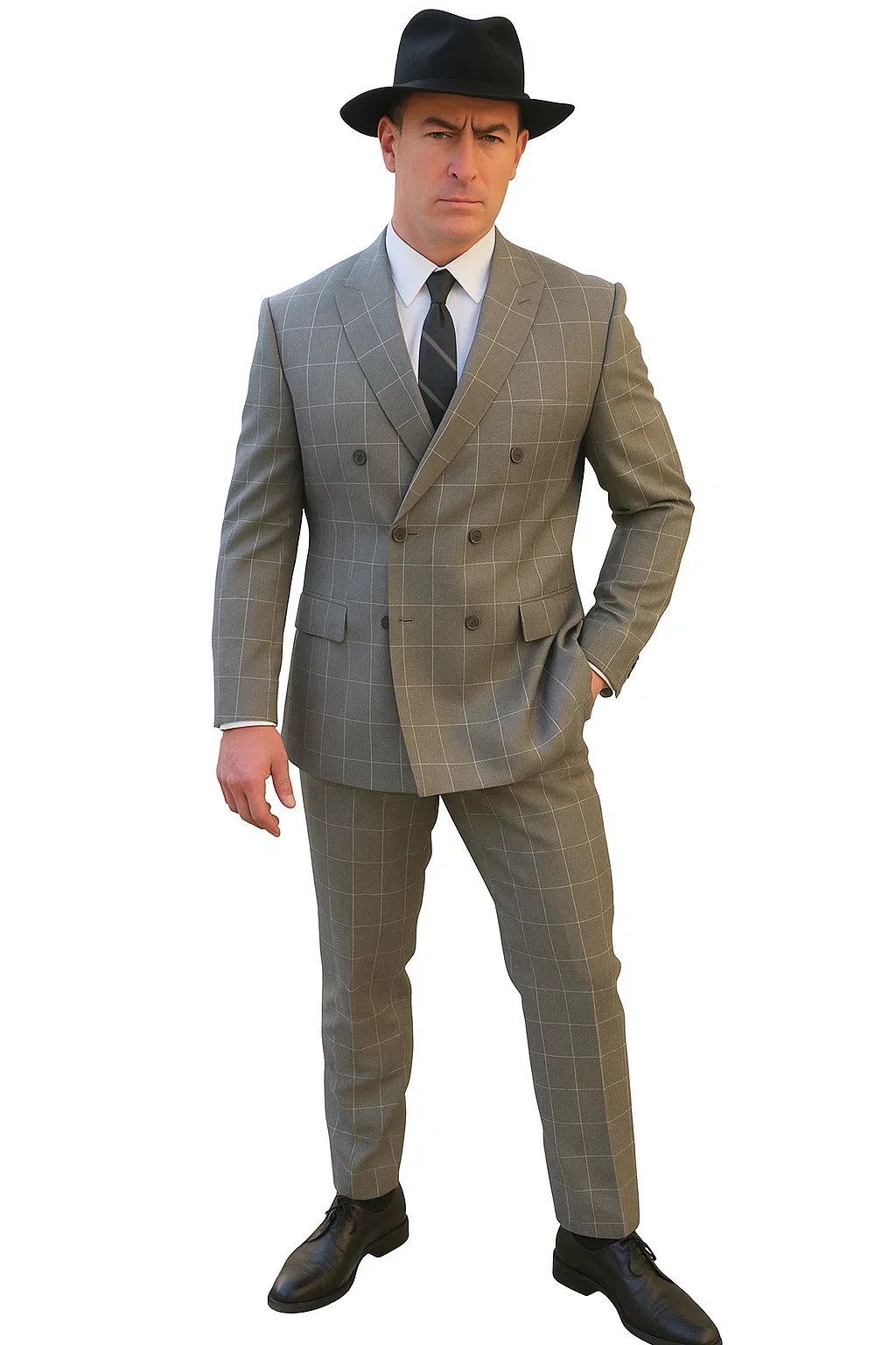 Gangster Suit - 1920 Mens Grey Pattern Suit With Grey Untochable Hat Shirt and Tie Combo - Image 5