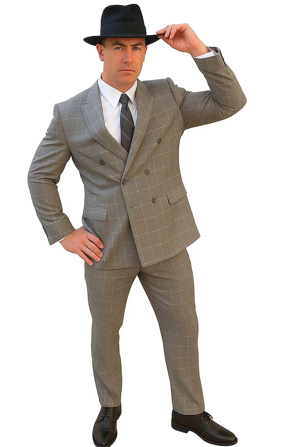 Gangster Suit - 1920 Mens Grey Pattern Suit With Grey Untochable Hat Shirt and Tie Combo - Image 7