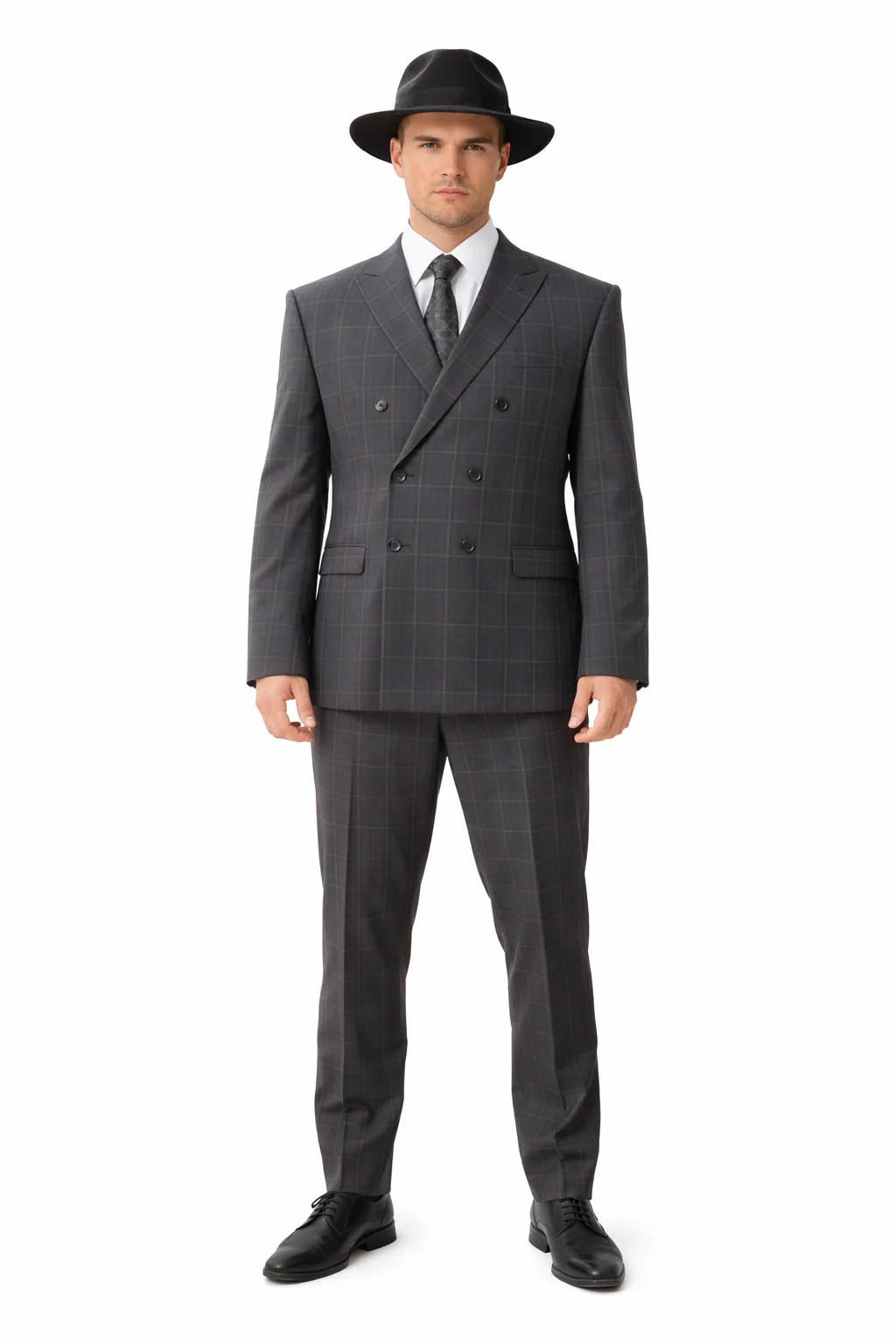 Gangster Suit - 1920 Mens Grey Patterns Suit With Grey Untochable Hat Shirt and Tie Combo