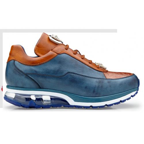 Belvedere Flash Antique Blue Safari Ostrich & Calfskin Sneakers
