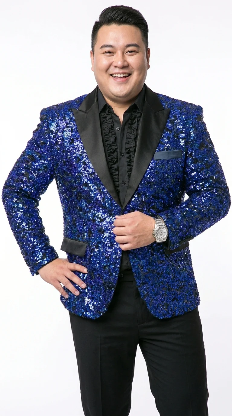 Men’s Blue Sequin Sparkle Blazer Jacket with Black Satin Lapel, Party Prom Wedding Dinner Coat - Image 10