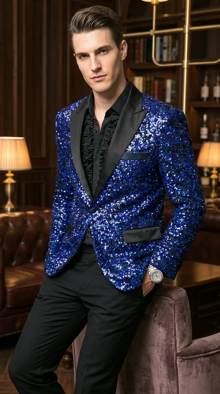 Men’s Blue Sequin Sparkle Blazer Jacket with Black Satin Lapel, Party Prom Wedding Dinner Coat - Image 12