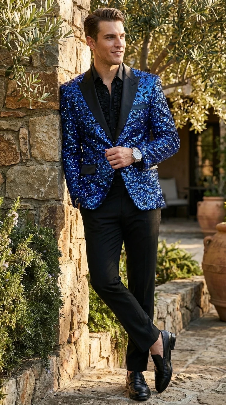 Men’s Blue Sequin Sparkle Blazer Jacket with Black Satin Lapel, Party Prom Wedding Dinner Coat - Image 5